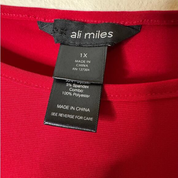 Ali Miles Plus 1X Red Jersey Floral Embroidered Sheer Bell Sleeve Blouse - Picture 3 of 7